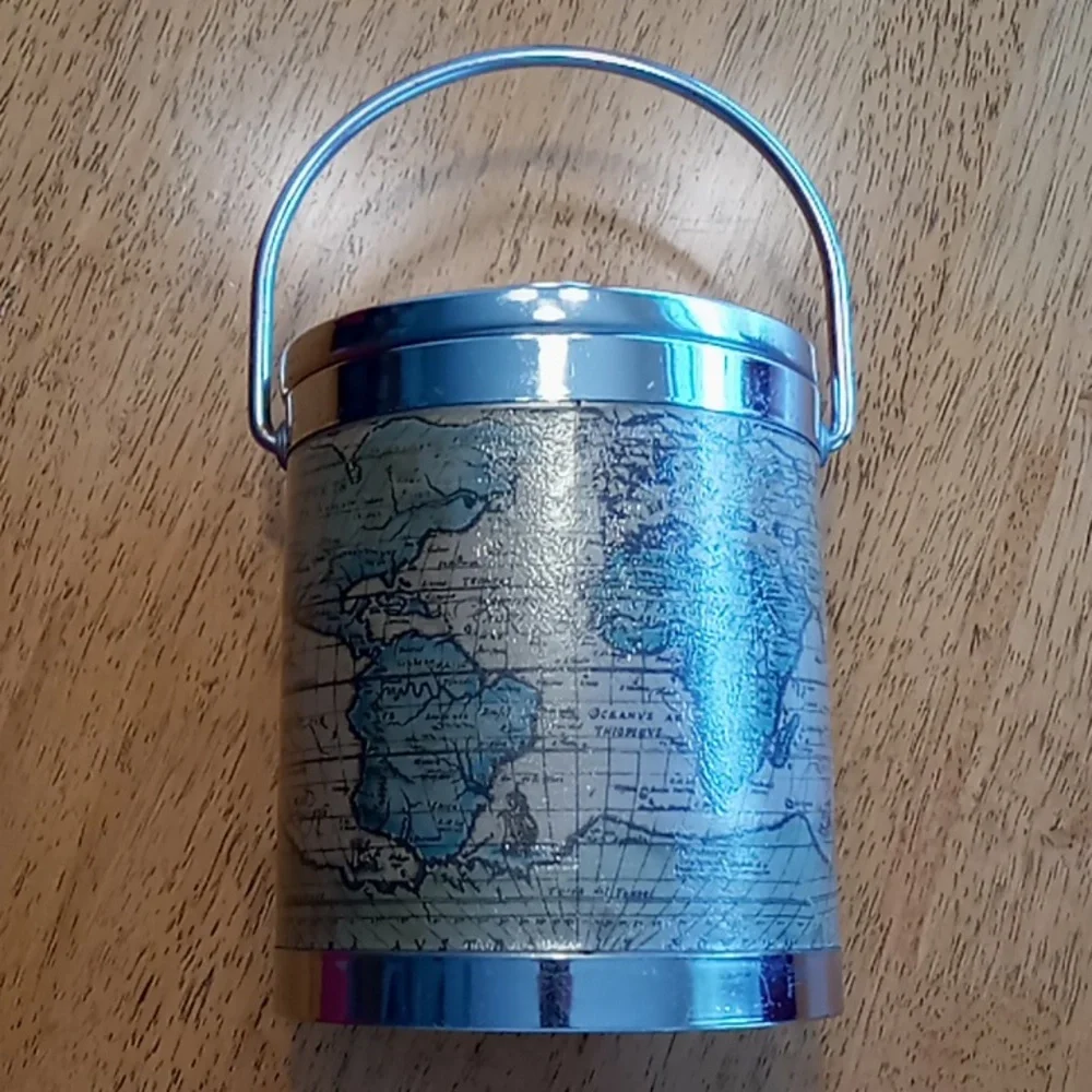 Vintage Old World Map Ice Bucket Mid Century Barware